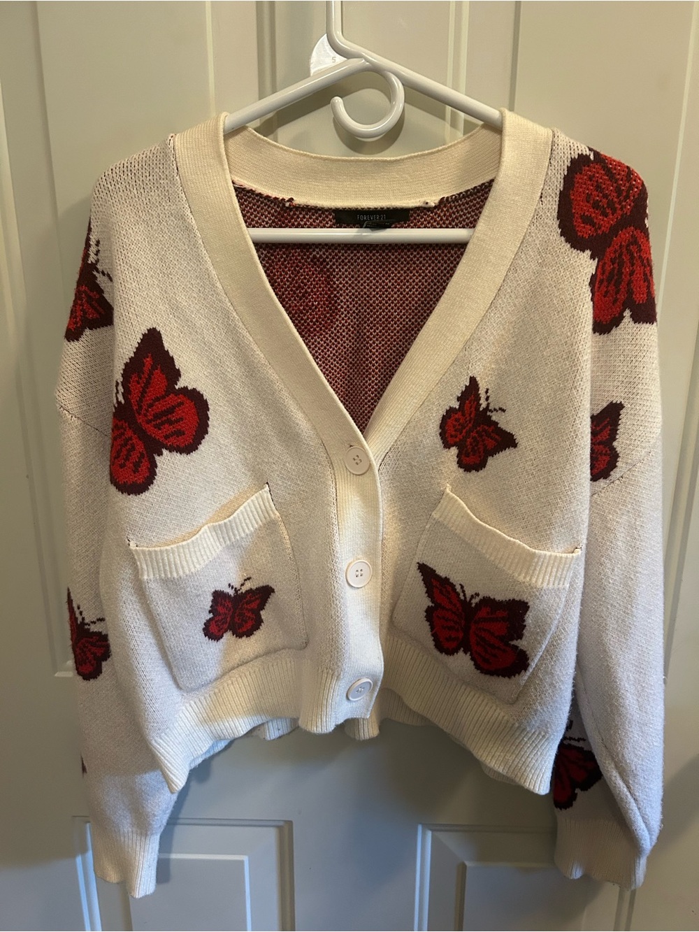 Forever 21 Cream Cardigan with Red Butterfly Pattern